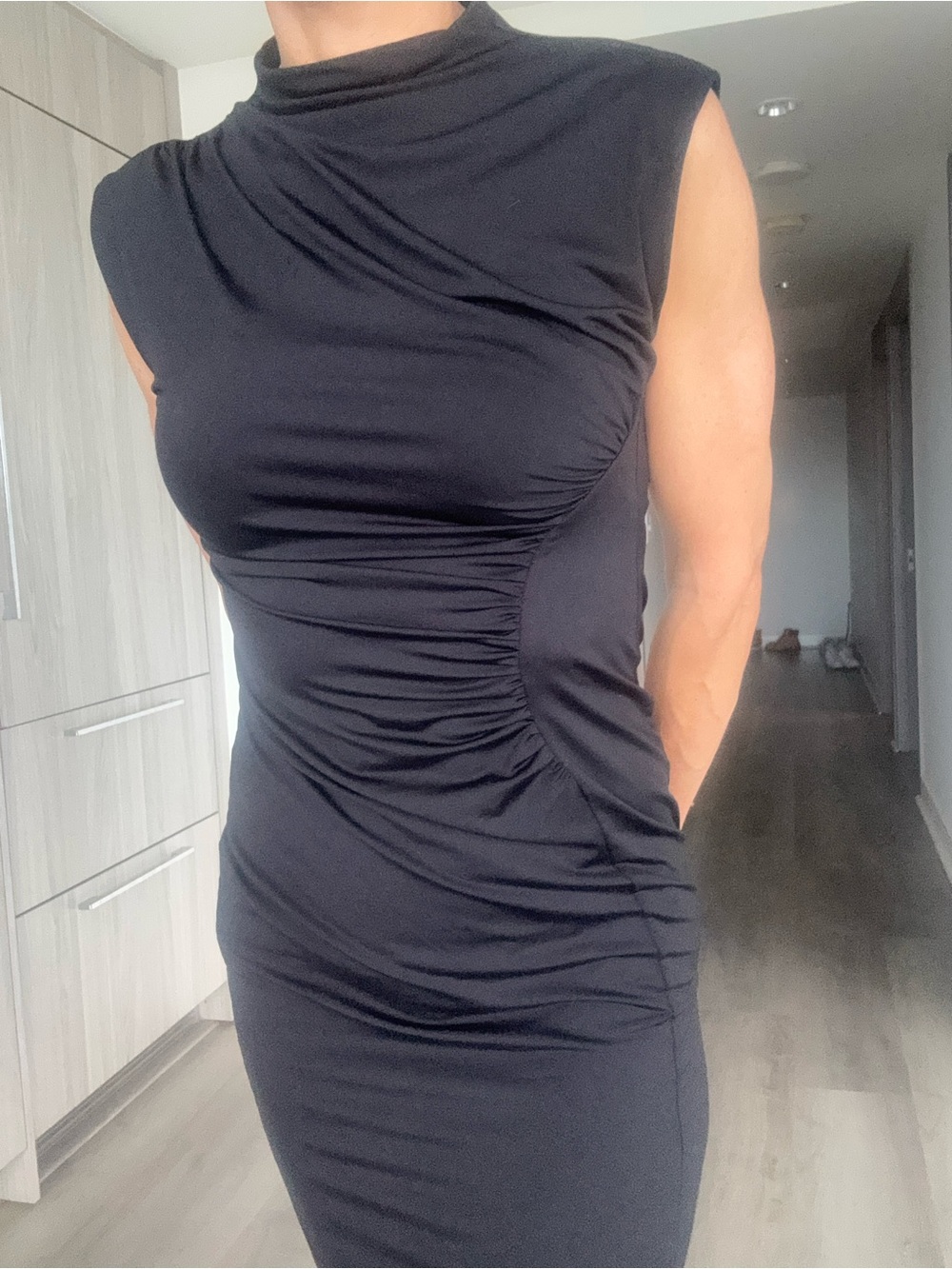H&M Black Sleeveless Ruched Midi Dress